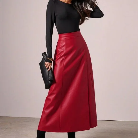 Red Elegant Women's Long fauc leather contemporary maxi Skirt - Picture 4 of 7